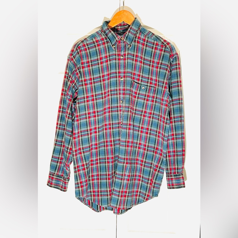 Men's Vintage Plaid Button-Down Flannel Shirt in Reds & Blues - Picture 3 of 5